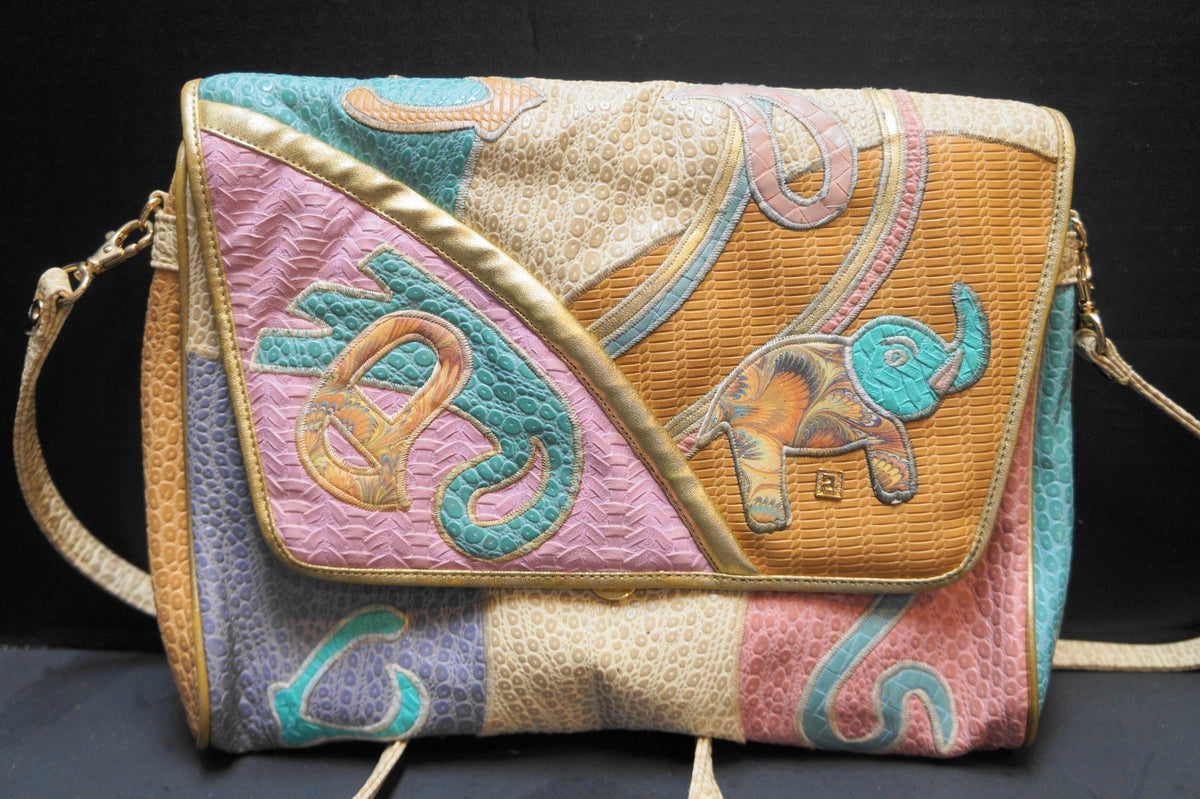 NAS Korea Pastel Patchwork Elephant Applique Faux Leather Reptile Embossed Purse