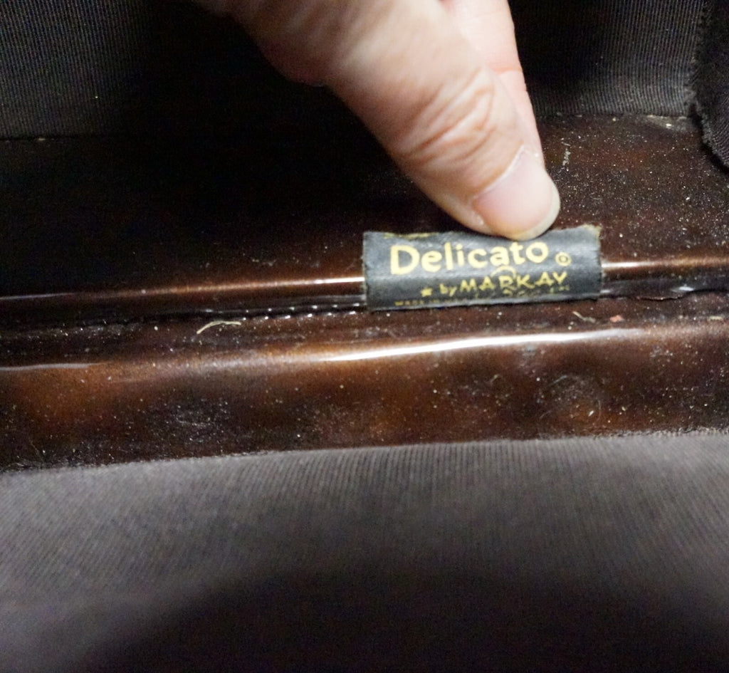 Delicato by Markay Brown Vinyl Patent Box Purse Gold Tone Hardware Attache Case