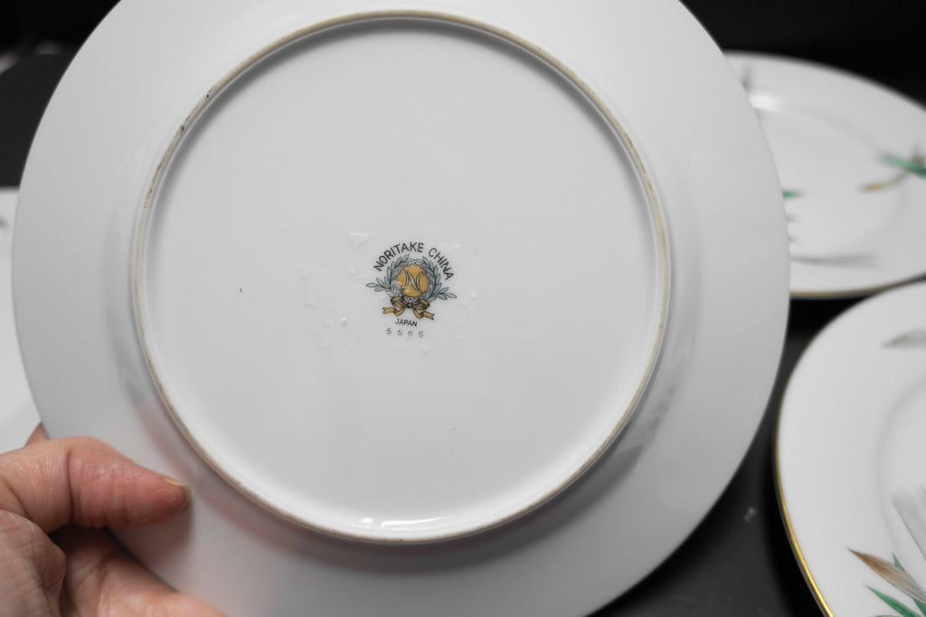 Noritake Bamboo Salad Plates Green Brown Rim Shape 7 1/2" Set of 5