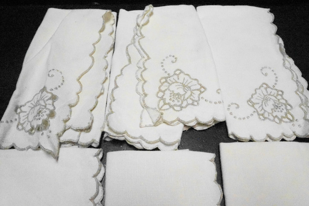 Taupe Embroidered Roses Cream Ecru Linen Napkins Set of 6