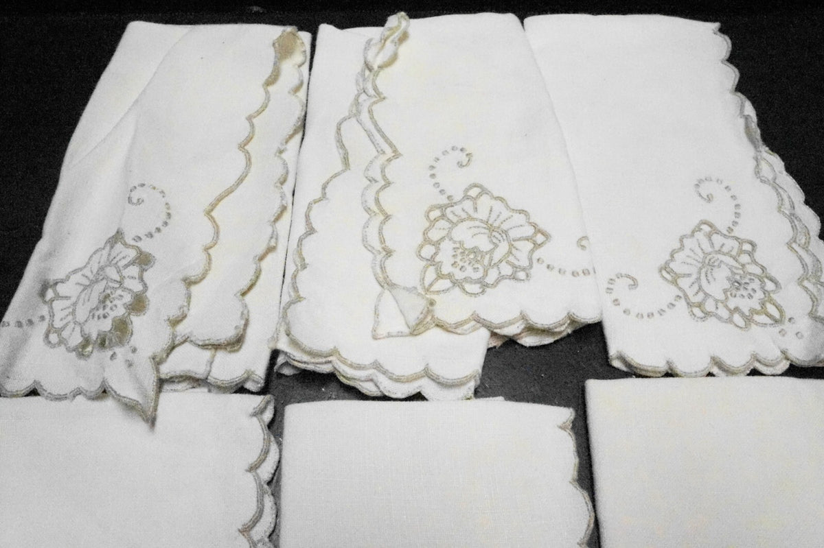 Taupe Embroidered Roses Cream Ecru Linen Napkins Set of 6