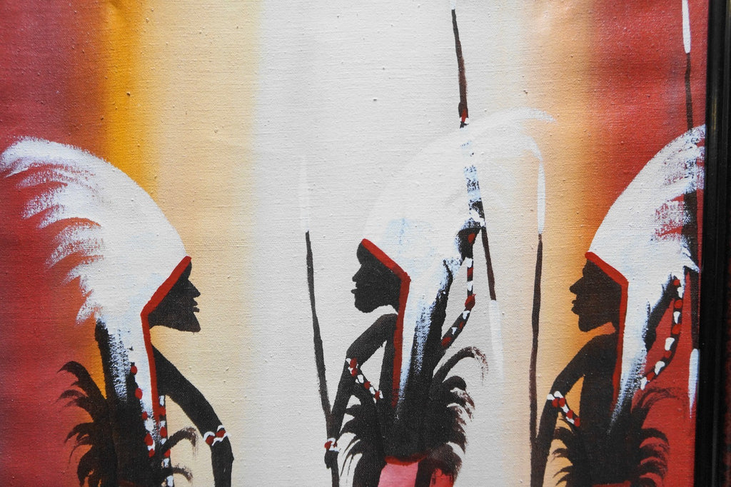 African or Haitian Original Oil Painting Signed P Mutua 81 Warriors Dancing 18 x